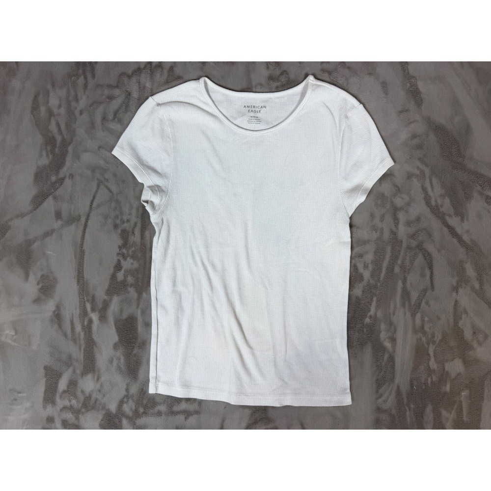 American Eagle White Ribbed Short Sleeve Crew Neck T-Shirt Size Medium
